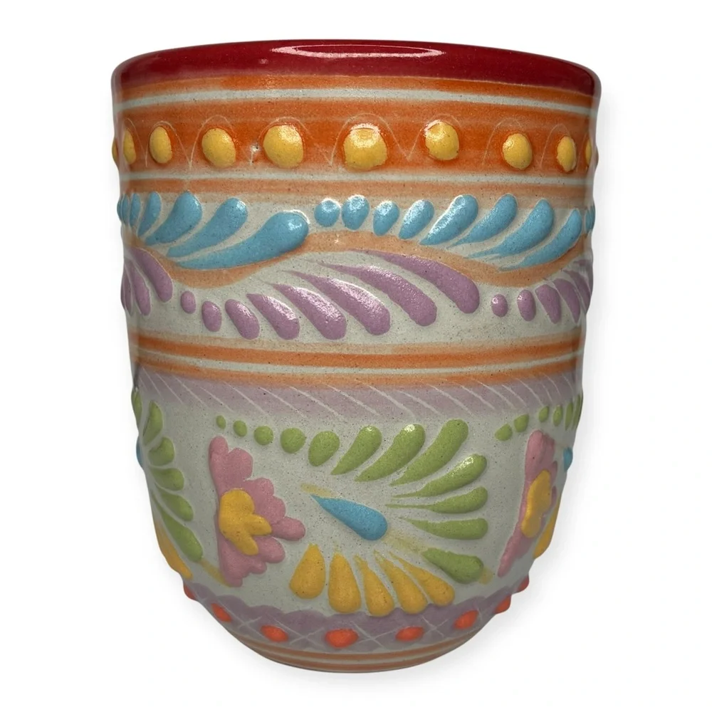 Colorful Televera Salazar Pue Mexico Ceramic Art Tumbler Cup 4.25” x 3.5”